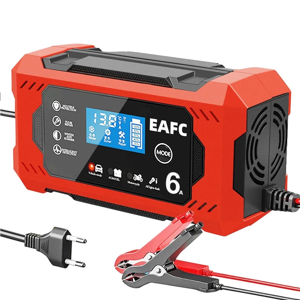 X Inteligentna ładowarka 12V 6A z wyświetlaczem LCD i trybem naprawy impulsowej. Bezpieczne, automatyczne ładowanie akumulatorów samochodowych i motocyklowych.