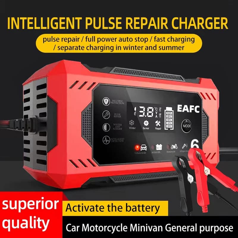 X Inteligentna ładowarka 12V 6A z wyświetlaczem LCD i trybem naprawy impulsowej. Bezpieczne, automatyczne ładowanie akumulatorów samochodowych i motocyklowych.