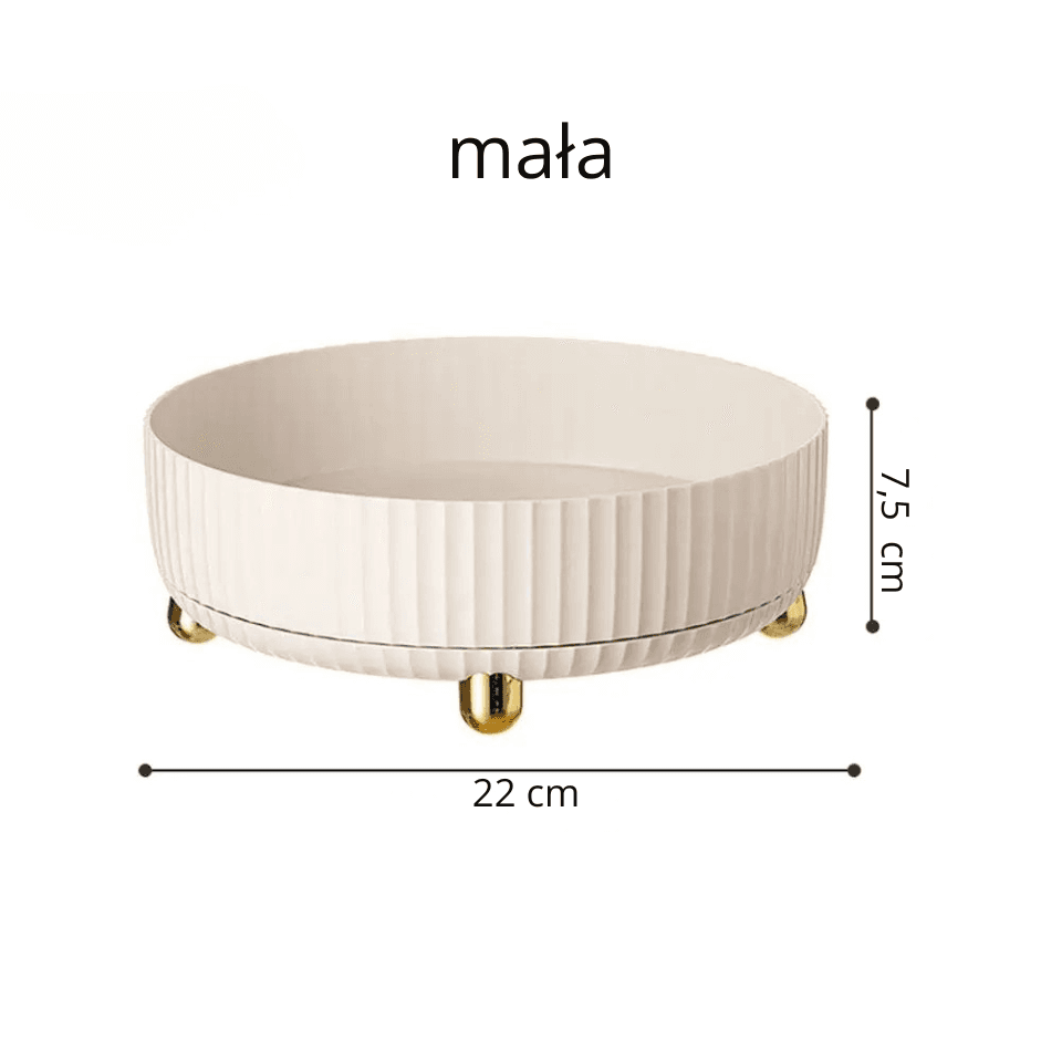 Obrotowy organizer 360°.
Praktyczna taca obrotowa do przypraw, kosmetyków i drobiazgów. Ułatwia dostęp do zawartości, porządkuje przestrzeń, sprawdza się w kuchni, łazience oraz w domu.