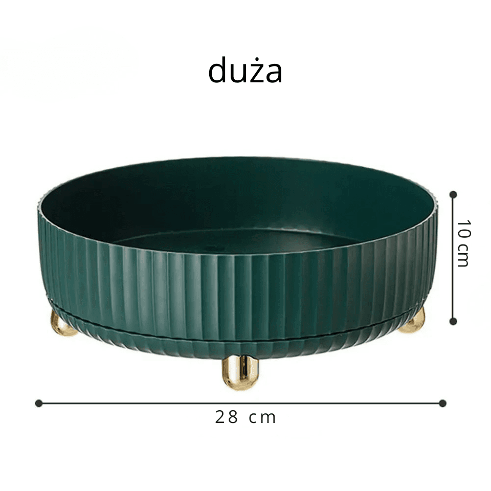 Obrotowy organizer 360°.
Praktyczna taca obrotowa do przypraw, kosmetyków i drobiazgów. Ułatwia dostęp do zawartości, porządkuje przestrzeń, sprawdza się w kuchni, łazience oraz w domu.