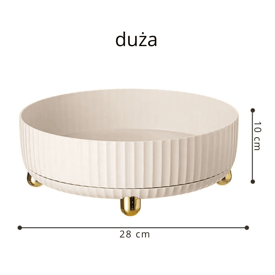 Obrotowy organizer 360°.
Praktyczna taca obrotowa do przypraw, kosmetyków i drobiazgów. Ułatwia dostęp do zawartości, porządkuje przestrzeń, sprawdza się w kuchni, łazience oraz w domu.