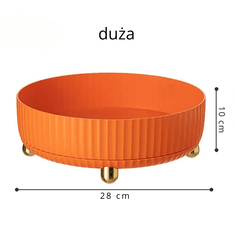 Obrotowy organizer 360°.
Praktyczna taca obrotowa do przypraw, kosmetyków i drobiazgów. Ułatwia dostęp do zawartości, porządkuje przestrzeń, sprawdza się w kuchni, łazience oraz w domu.