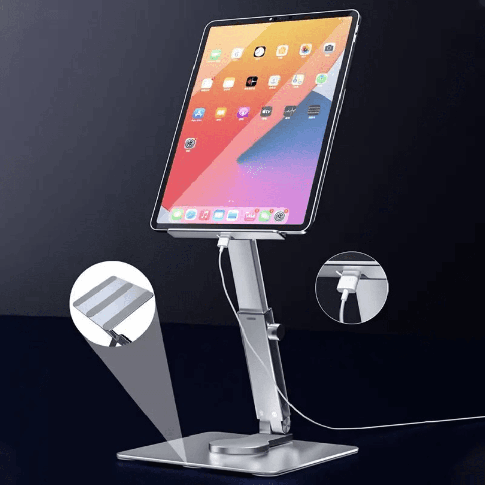 X Podstawka pod tablet regulowana 360° – aluminiowa, stabilna, z regulacją wysokości. Ergonomiczne rozwiązanie do pracy, nauki i wideorozmów.