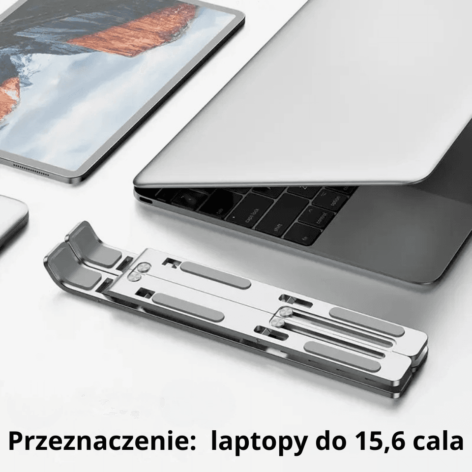X Podstawka pod laptop regulowana – składana, 10 poziomów nachylenia, poprawia ergonomię i chłodzenie urządzenia. Lekka, stabilna i łatwa do zabrania do pracy lub w podróż.