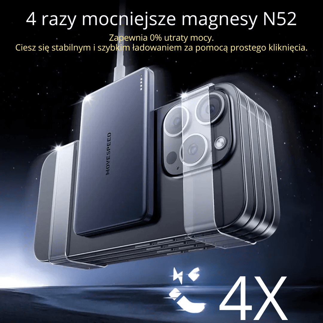 X Powerbank MOVESPEED 10000 mAh z szybkim ładowaniem przewodowym 20W i bezprzewodowym 15W. Smukły, metalowy, gotowy na codzienne użycie.