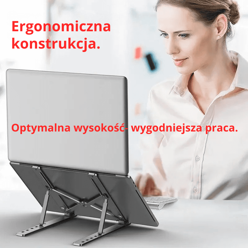 X Podstawka pod laptop regulowana – składana, 10 poziomów nachylenia, poprawia ergonomię i chłodzenie urządzenia. Lekka, stabilna i łatwa do zabrania do pracy lub w podróż.