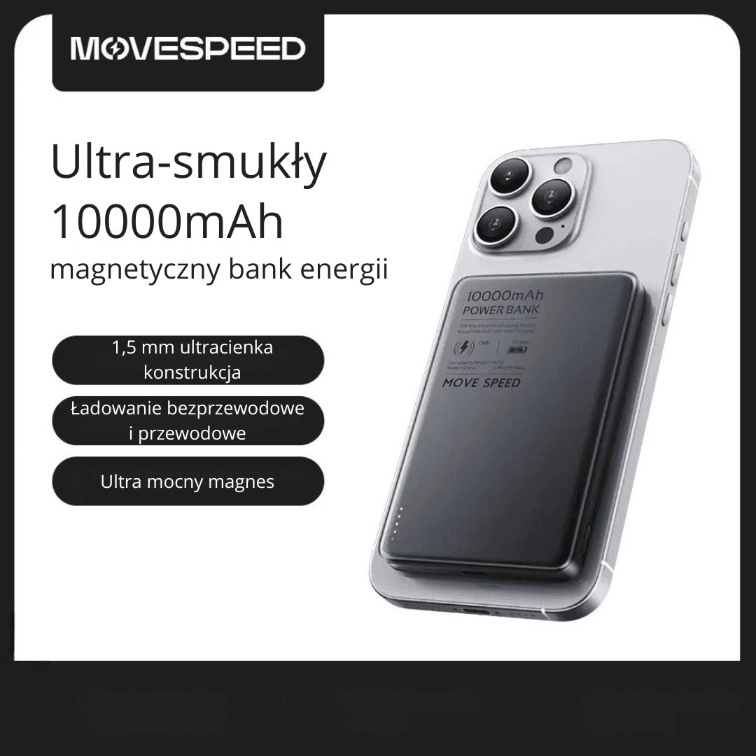 X Powerbank MOVESPEED 10000 mAh z szybkim ładowaniem przewodowym 20W i bezprzewodowym 15W. Smukły, metalowy, gotowy na codzienne użycie.
