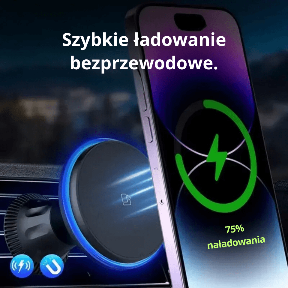 X Magnetyczny uchwyt samochodowy z ładowaniem Qi i podświetleniem RGB. Telefon stabilnie trzyma się na magnesie i ładuje w trasie.