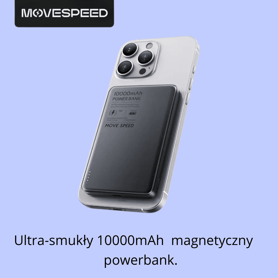 X Powerbank MOVESPEED 10000 mAh z szybkim ładowaniem przewodowym 20W i bezprzewodowym 15W. Smukły, metalowy, gotowy na codzienne użycie.