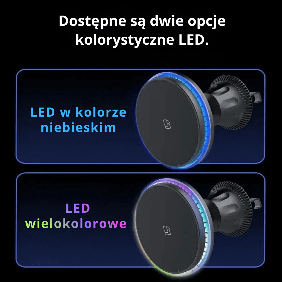 X Magnetyczny uchwyt samochodowy z ładowaniem Qi i podświetleniem RGB. Telefon stabilnie trzyma się na magnesie i ładuje w trasie.