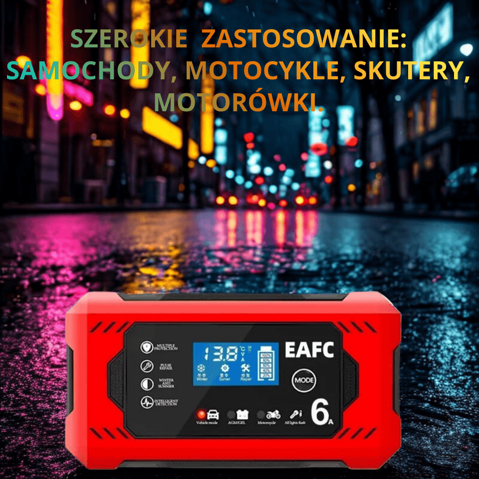 Inteligentna ładowarka 12V 6A z wyświetlaczem LCD i trybem naprawy impulsowej. Bezpieczne, automatyczne ładowanie akumulatorów samochodowych i motocyklowych.
