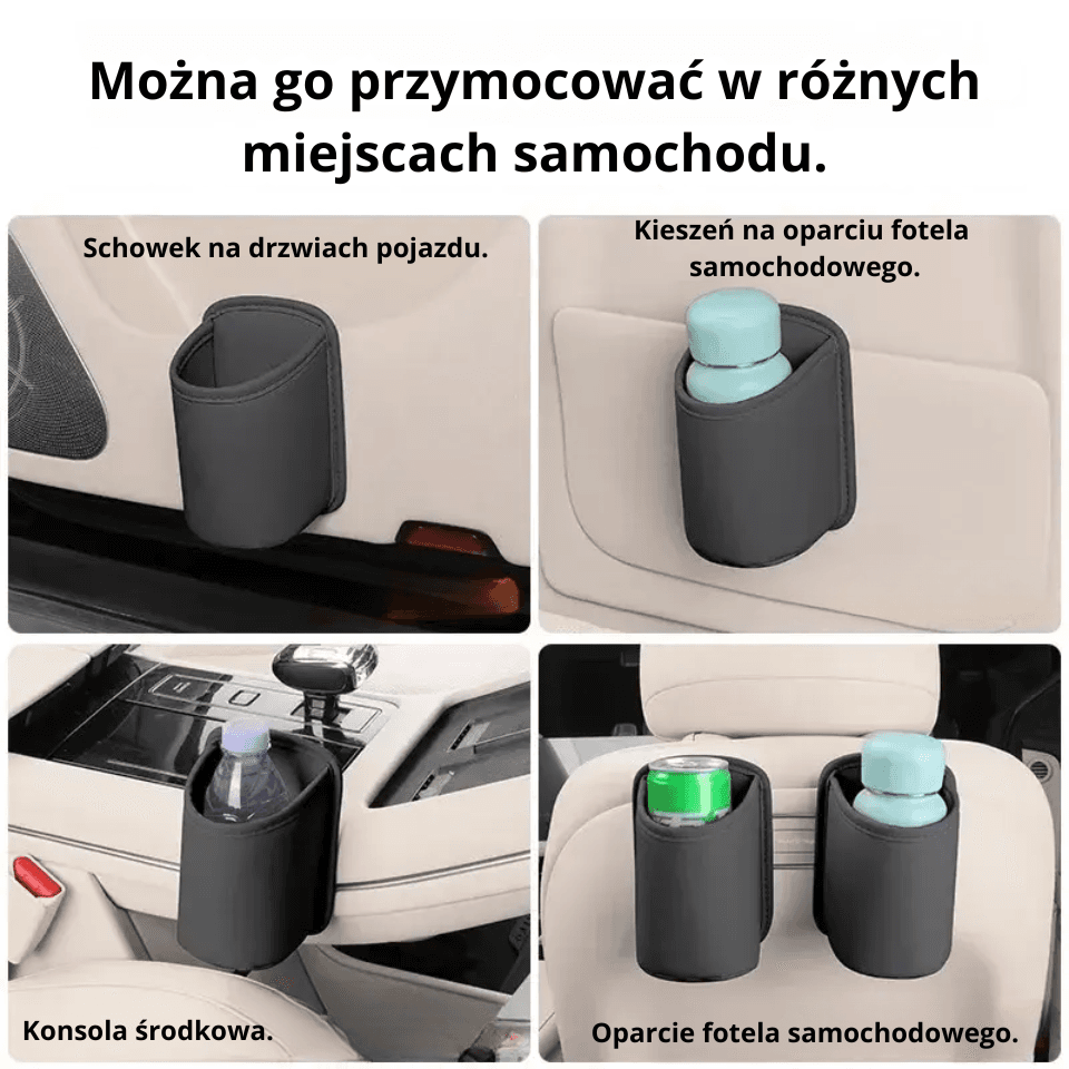 X Organizer na drzwi auta – uchwyt na kubek 
i schowek na drobiazgi. Kompaktowy, estetyczny dodatek do wnętrza samochodu.