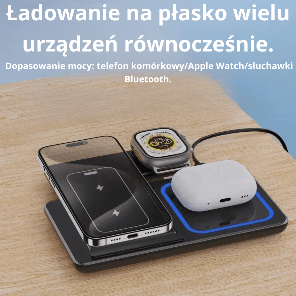 *Magnetyczna ładowarka bezprzewodowa Qi – stojak biurkowy USB‑C do telefonu, słuchawek i zegarka