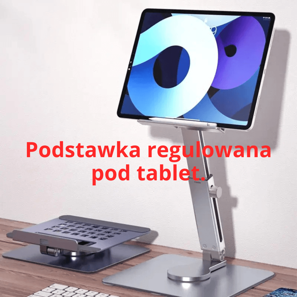 X Podstawka pod tablet regulowana 360° – aluminiowa, stabilna, z regulacją wysokości. Ergonomiczne rozwiązanie do pracy, nauki i wideorozmów.