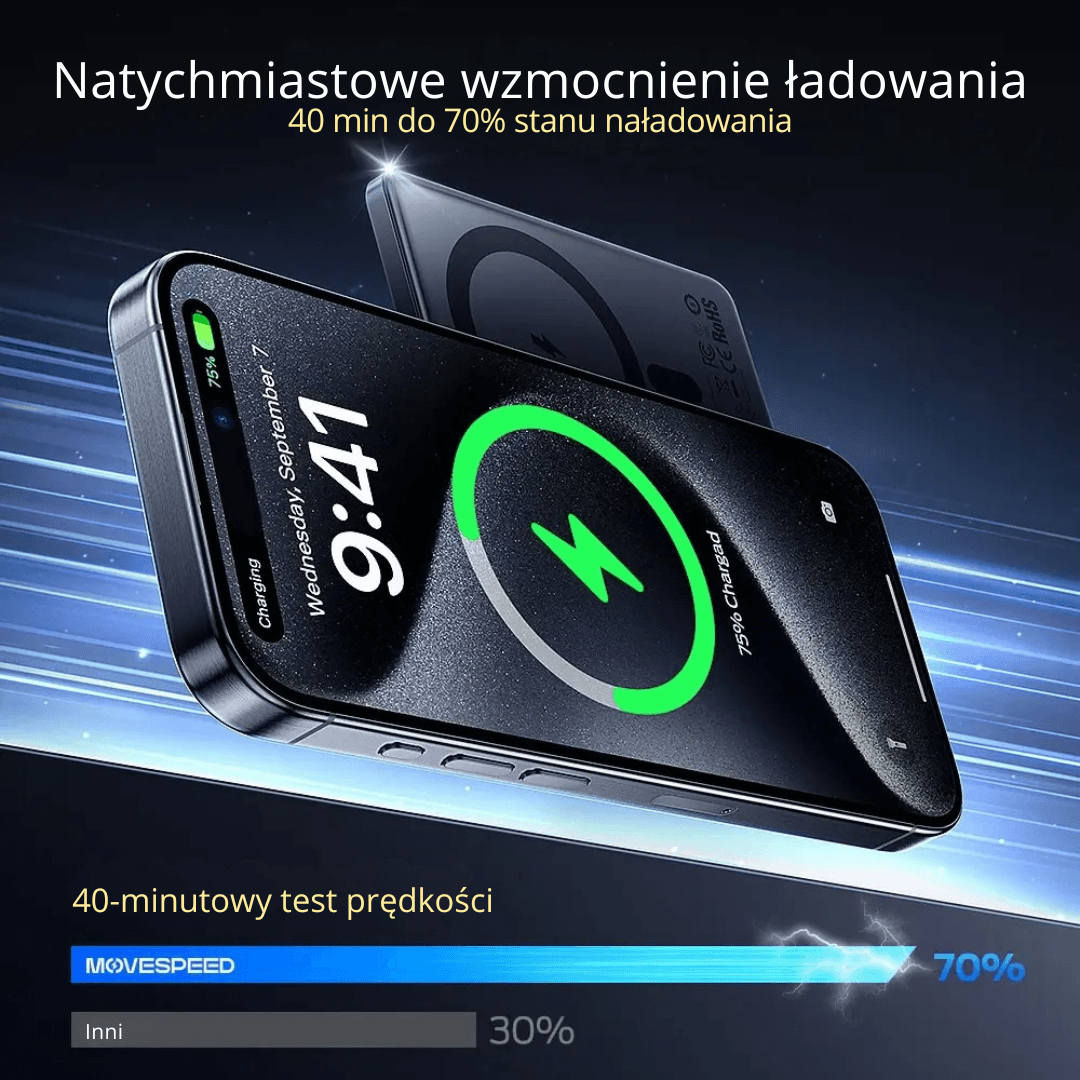 X Powerbank MOVESPEED 10000 mAh z szybkim ładowaniem przewodowym 20W i bezprzewodowym 15W. Smukły, metalowy, gotowy na codzienne użycie.