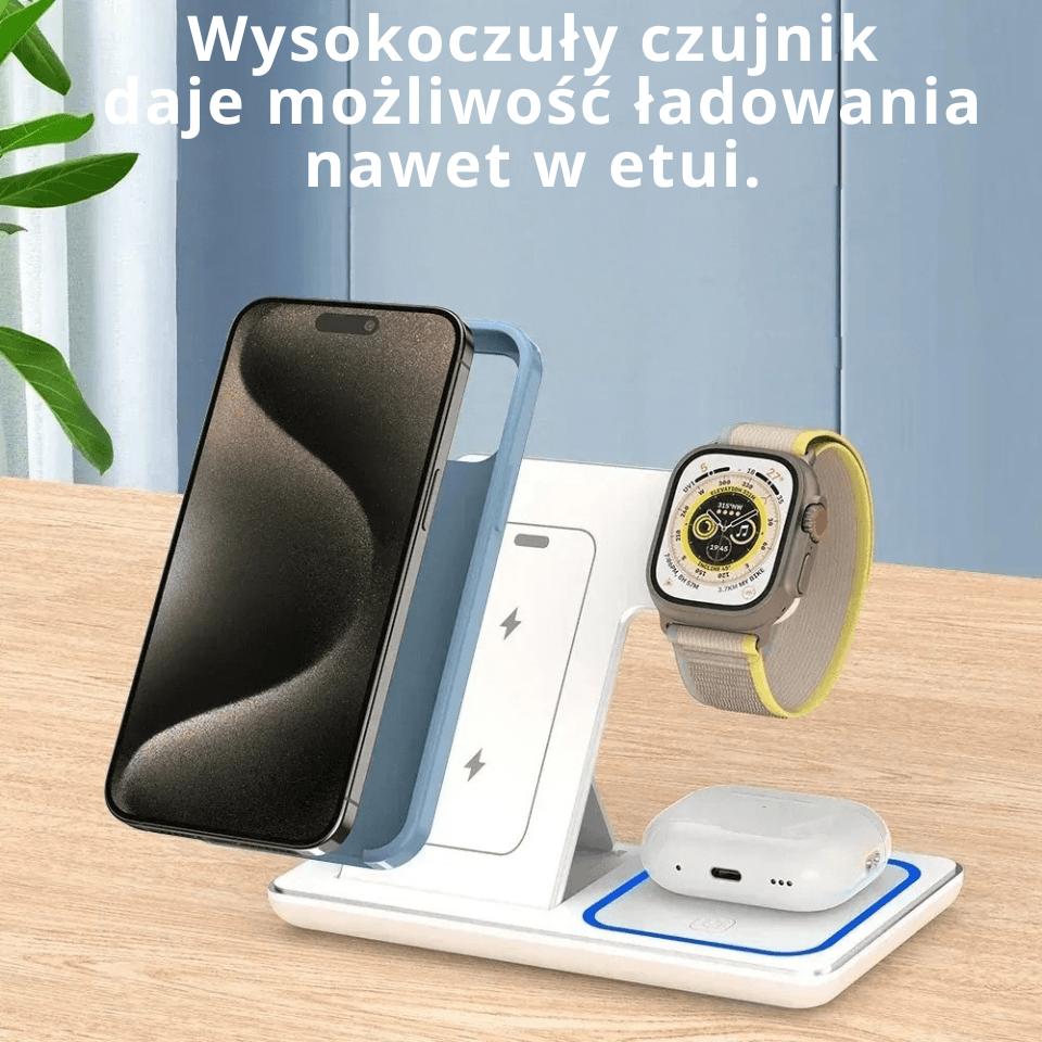 *Magnetyczna ładowarka bezprzewodowa Qi – stojak biurkowy USB‑C do telefonu, słuchawek i zegarka