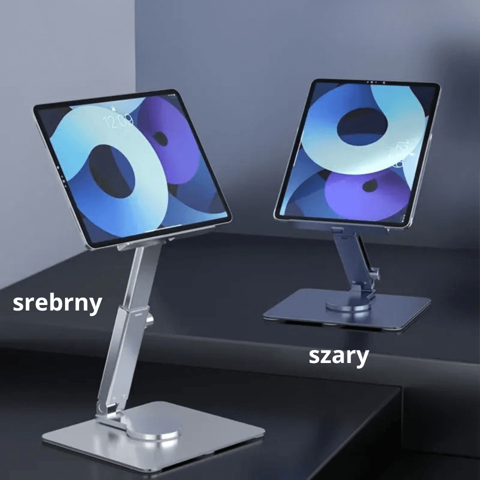X Podstawka pod tablet regulowana 360° – aluminiowa, stabilna, z regulacją wysokości. Ergonomiczne rozwiązanie do pracy, nauki i wideorozmów.