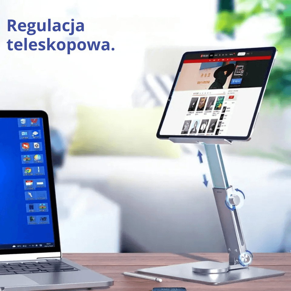 X Podstawka pod tablet regulowana 360° – aluminiowa, stabilna, z regulacją wysokości. Ergonomiczne rozwiązanie do pracy, nauki i wideorozmów.