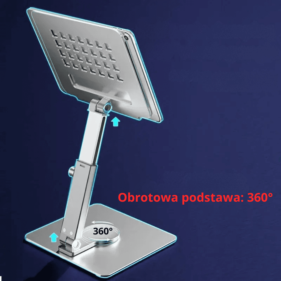 X Podstawka pod tablet regulowana 360° – aluminiowa, stabilna, z regulacją wysokości. Ergonomiczne rozwiązanie do pracy, nauki i wideorozmów.