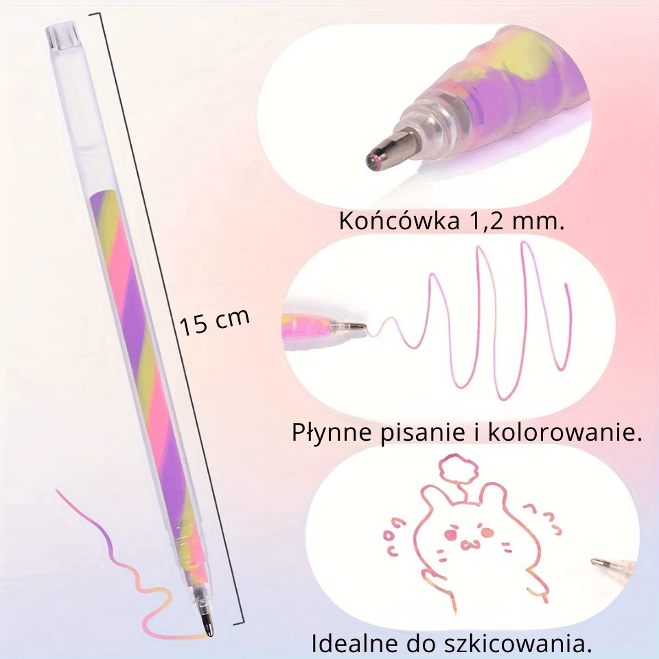 Zestaw 6 brokatowych długopisów żelowych neonowych 1,2 mm – tęczowe kolory, do rysowania, notatek i DIY.